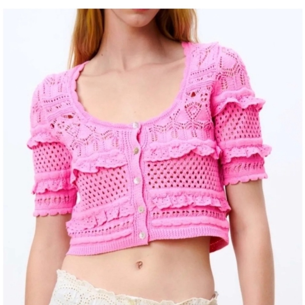 ZARA Pink Pointelle Frilly Cropped Knit Sweater Cardigan